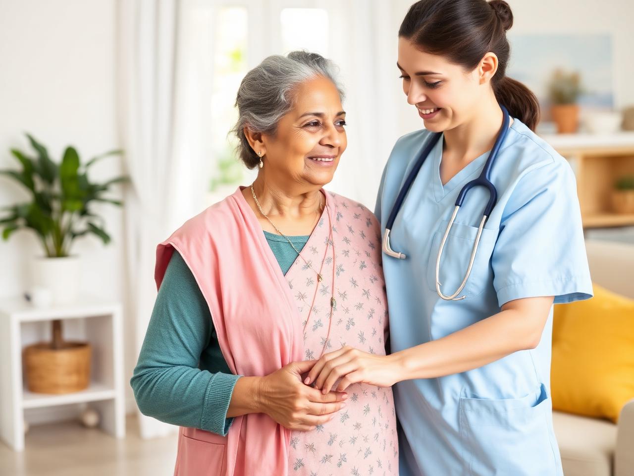 Nurse caring for an elderly woman at her home